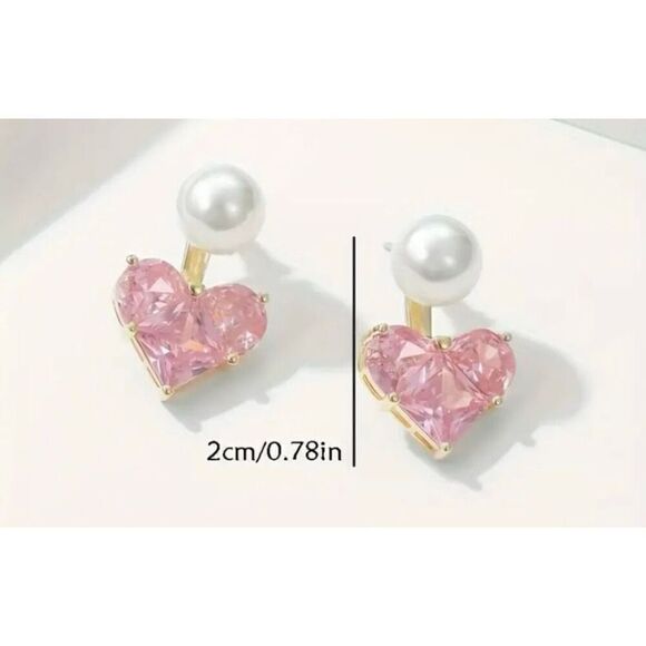 NWT Sparkling Heart Shaped Pink Cubic Zirconia Ear Jacket Faux Pearl Earrings - Picture 3 of 8
